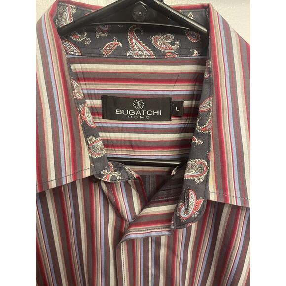 Bugatchi Uomo Multi Brown Red Blue Stripe Button Down Shirt Flip Cuff Paisley‎ L - Picture 2 of 3